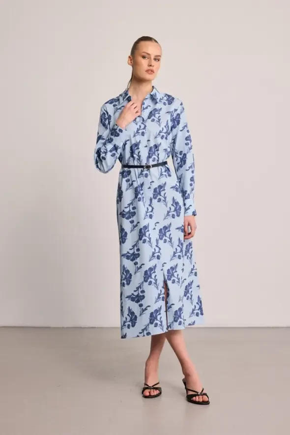 Leaf Patterned Long Cotton Shirt Dress - Blue - 1
