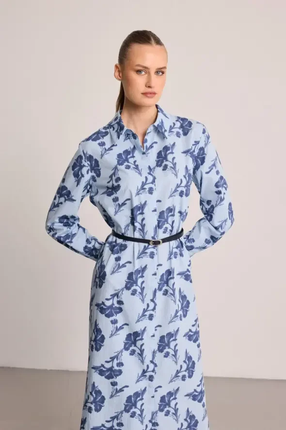 Leaf Patterned Long Cotton Shirt Dress - Blue - 2