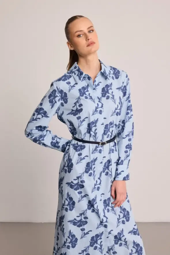 Leaf Patterned Long Cotton Shirt Dress - Blue - 3