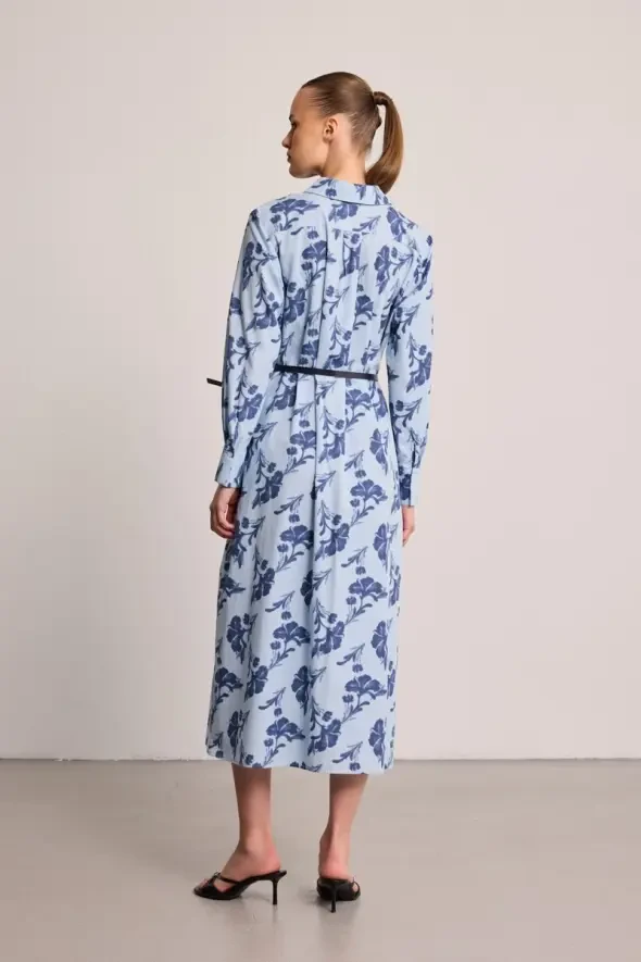 Leaf Patterned Long Cotton Shirt Dress - Blue - 4