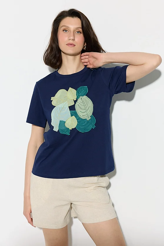 Leaf Print Cotton T-Shirt - Navy Blue - Gusto