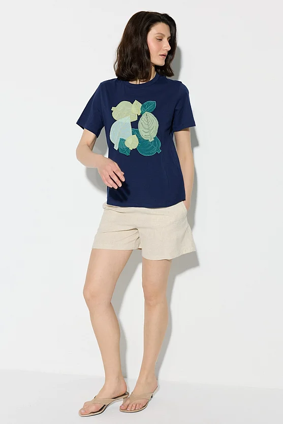 Leaf Print Cotton T-Shirt - Navy Blue - 2