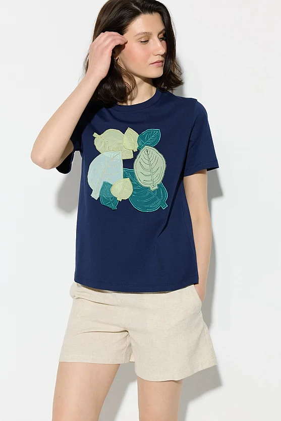 Leaf Print Cotton T-Shirt - Navy Blue - Gusto