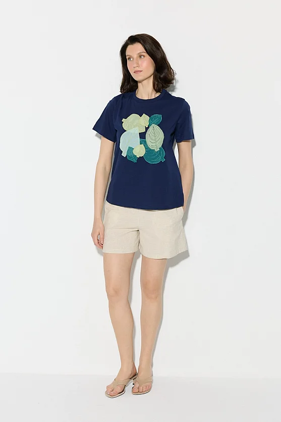Leaf Print Cotton T-Shirt - Navy Blue - 4