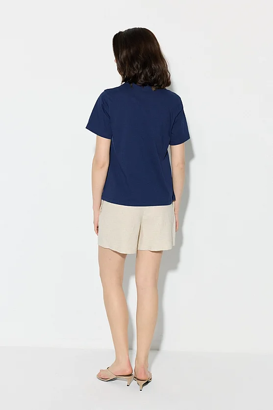 Leaf Print Cotton T-Shirt - Navy Blue - Gusto
