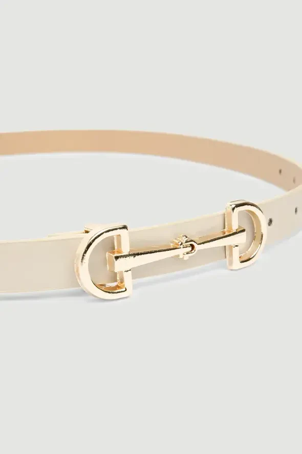 Leather Belt with Lock Buckle - Beige - 2