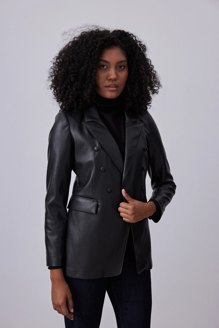 Leather Blazer Jacket - Black Black