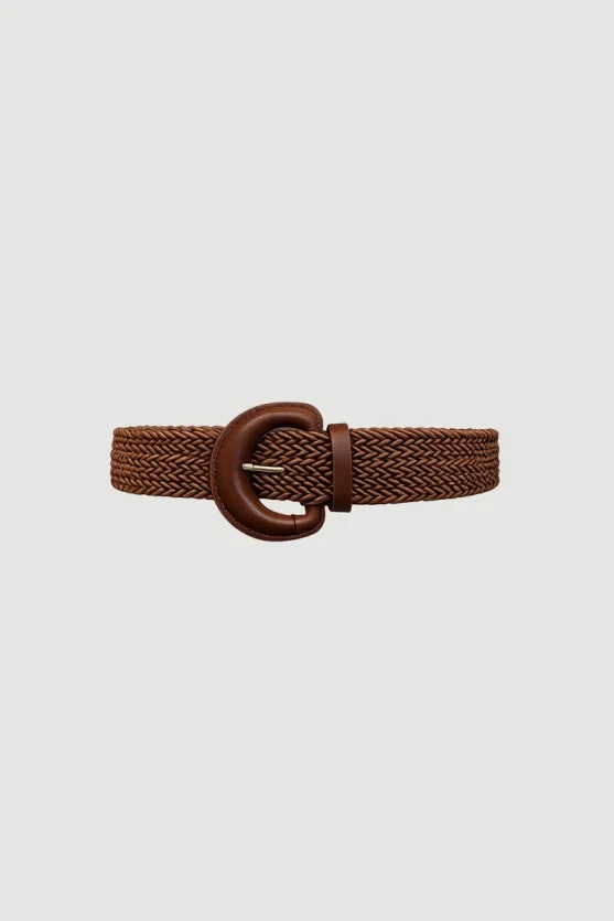 Leather-Detail Knitted Belt - Brown - 1