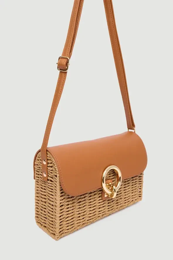 Leather Detailed Portfolio Straw Bag - Brown - 3