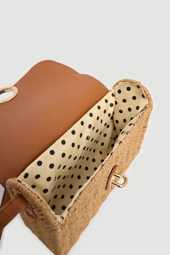 Leather Detailed Portfolio Straw Bag - Brown - 2