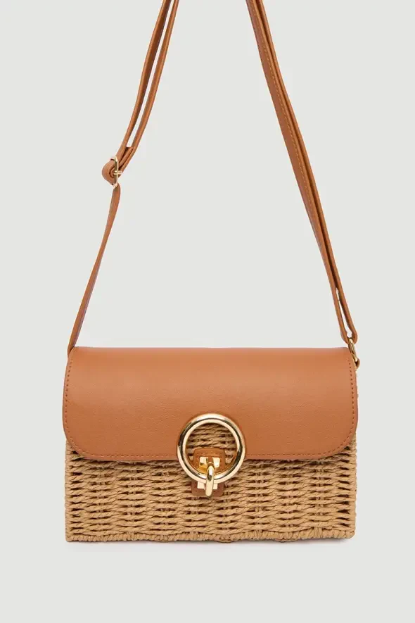 Leather Detailed Portfolio Straw Bag - Brown - 1
