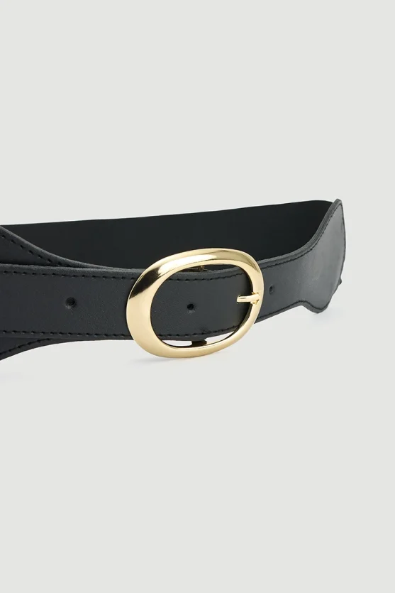 Leather Detailed Rubber Belt Black - Gusto