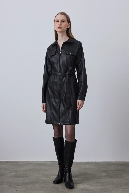 Leather Dress with Waist Belt - Black Black