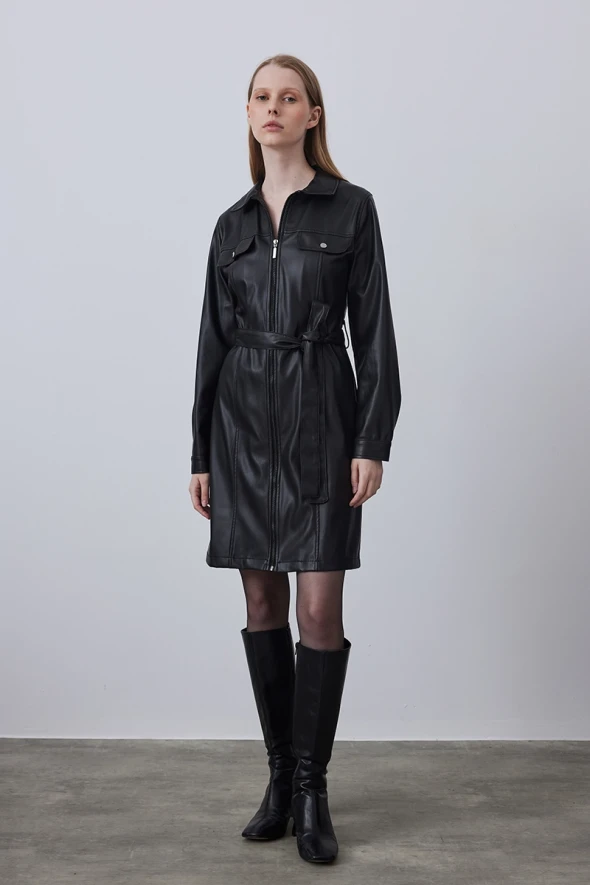 Leather Dress with Waist Belt - Black - 1