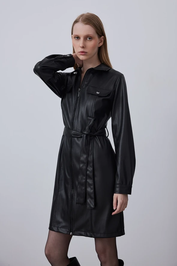 Leather Dress with Waist Belt - Black - 2