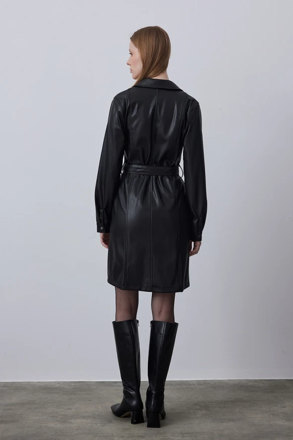 Leather Dress with Waist Belt - Black - 5