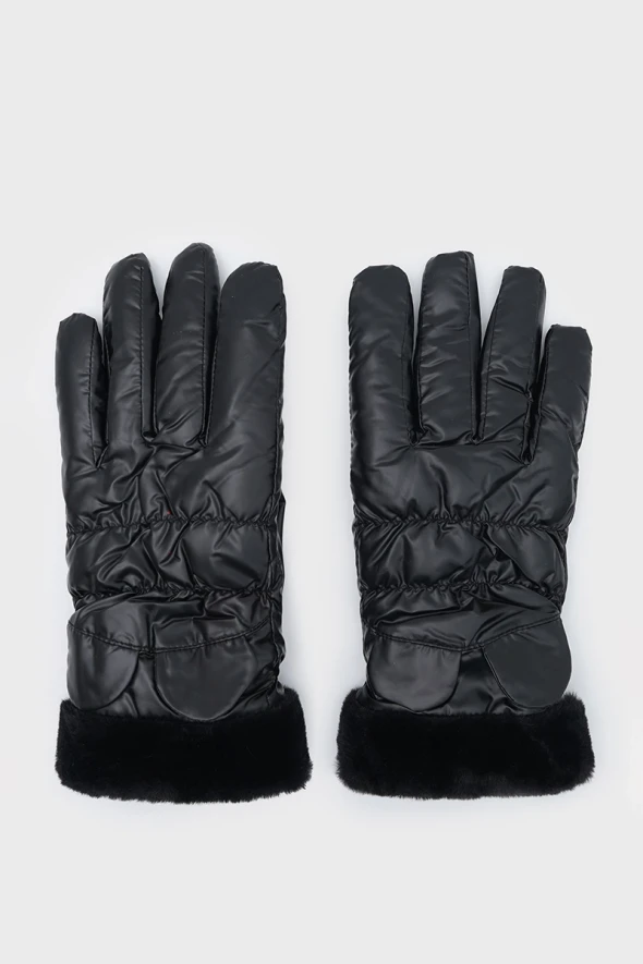 Leather Glove with Fur Detail - Black - 1