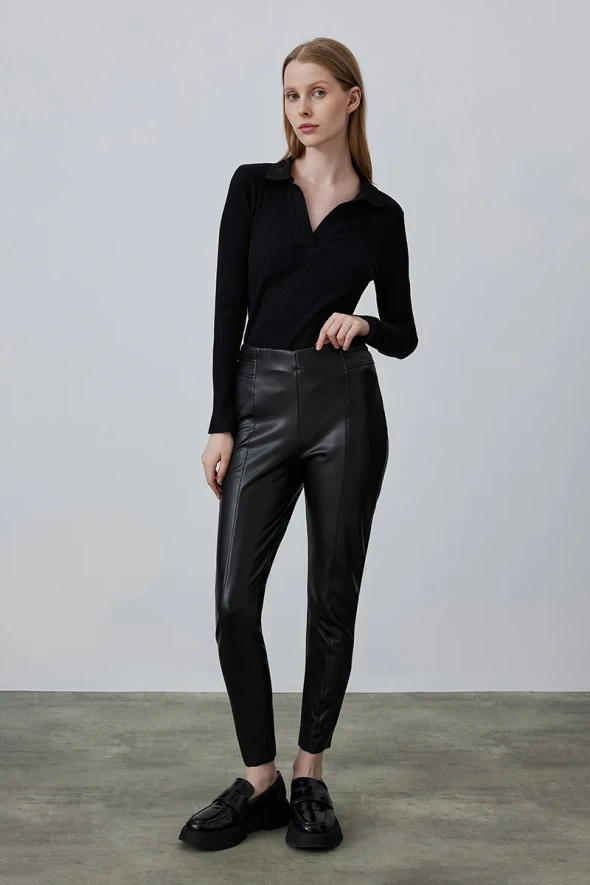 Leather Leggings Pants - Black - 2