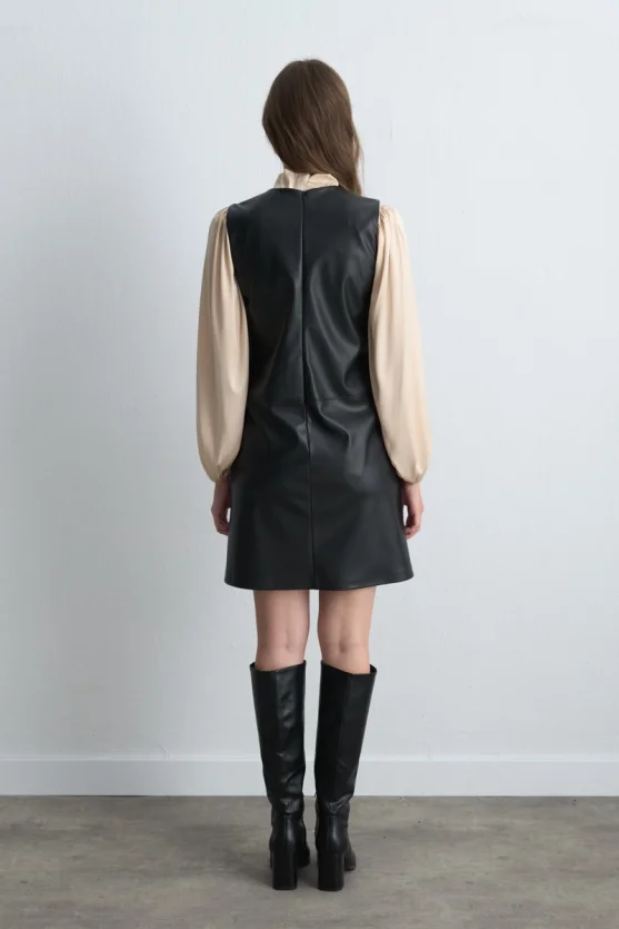 Leather Pinafore Dress - Black - 4