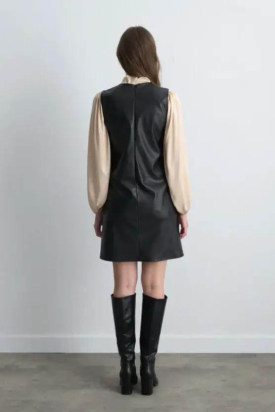 Leather Pinafore Dress - Black - 4
