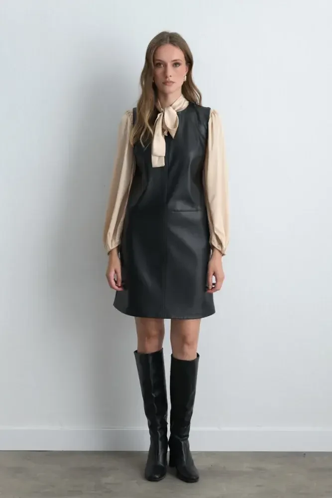 Leather Pinafore Dress - Black Black