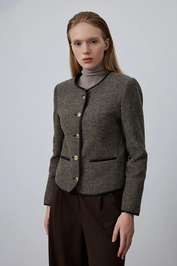 Leather Piped Herringbone Wool Jacket - Mink - 3