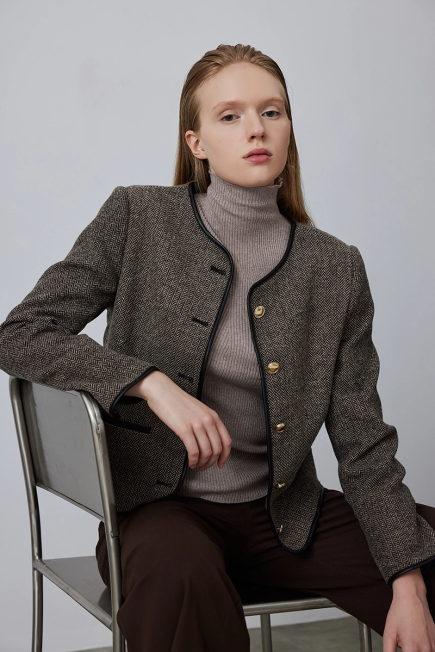 Leather Piped Herringbone Wool Jacket - Mink Mink