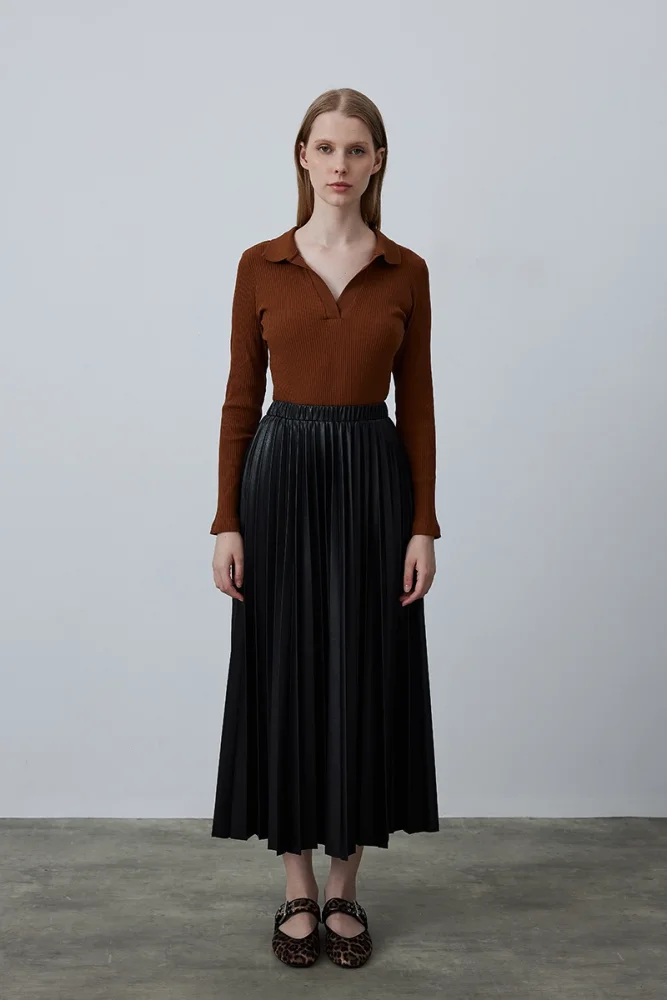 Leather Pleated Skirt - Black Black