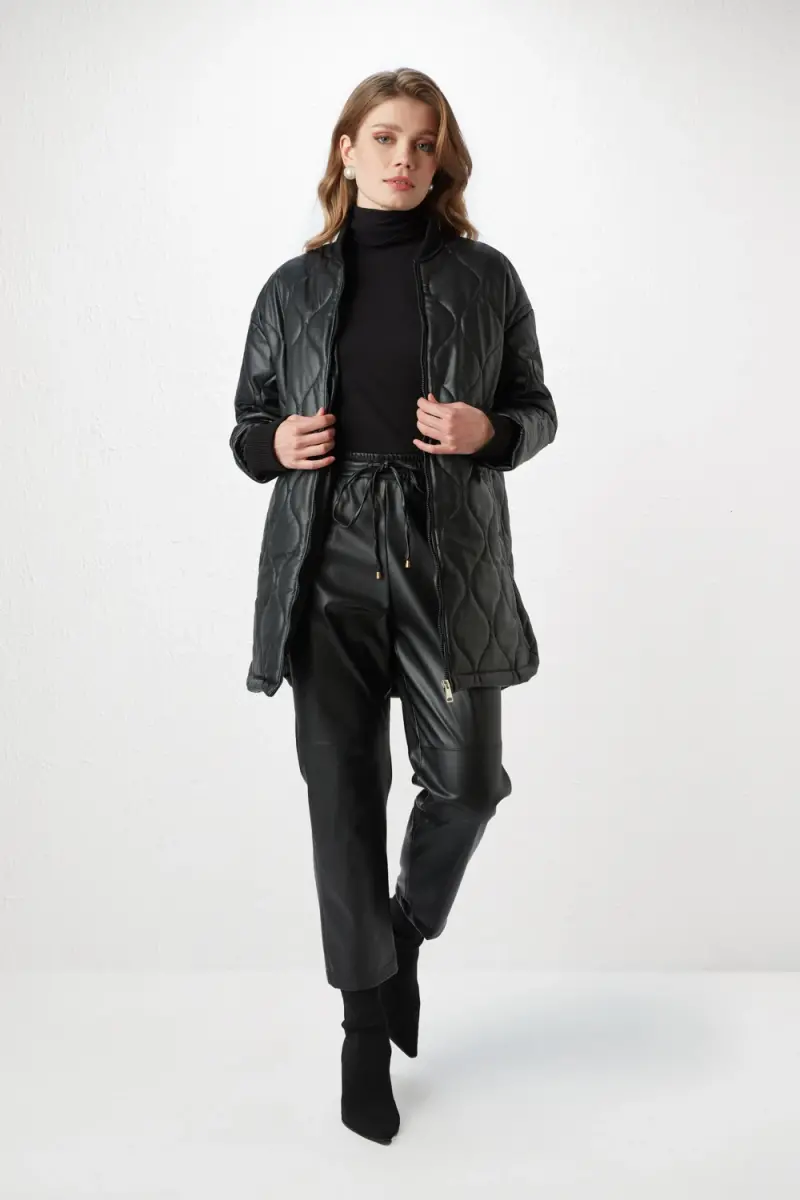 Leather Quilted Coat - Black - 2