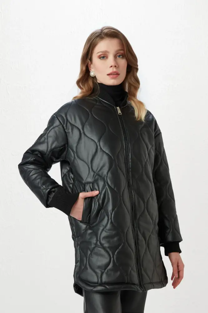 Leather Quilted Coat - Black Black