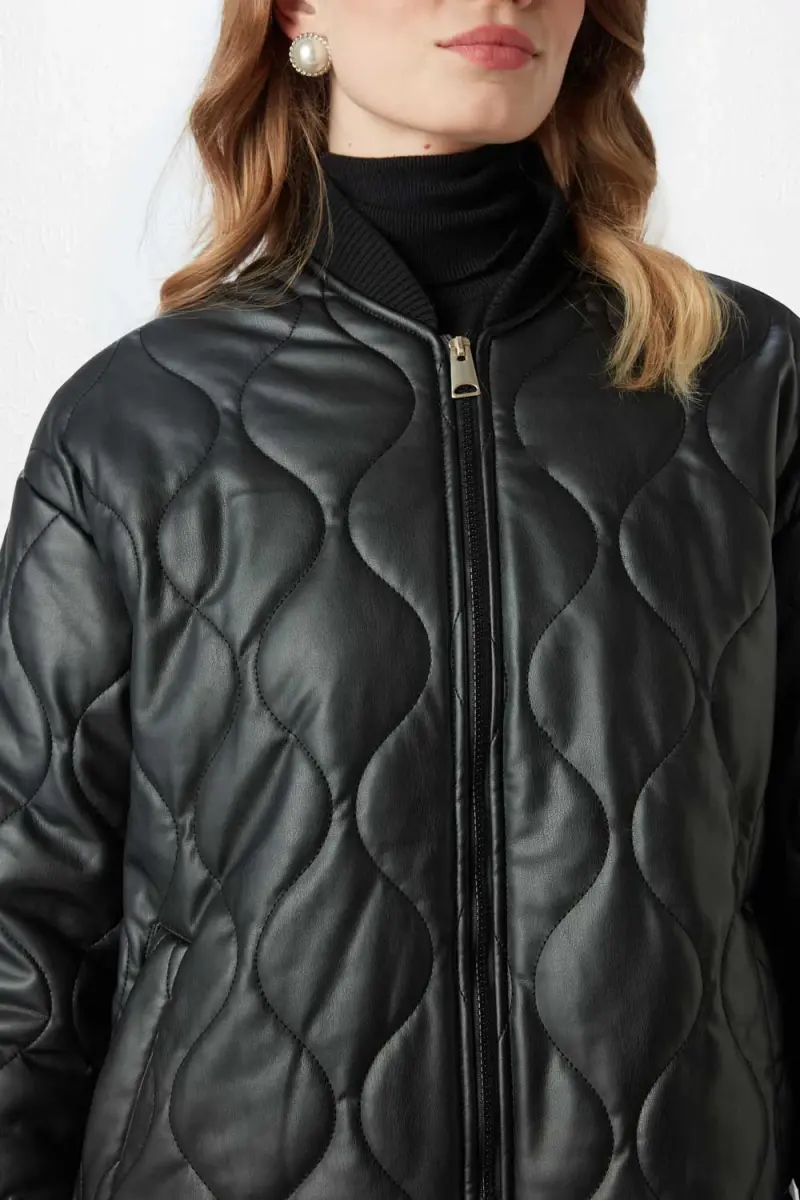 Leather Quilted Coat - Black - 4