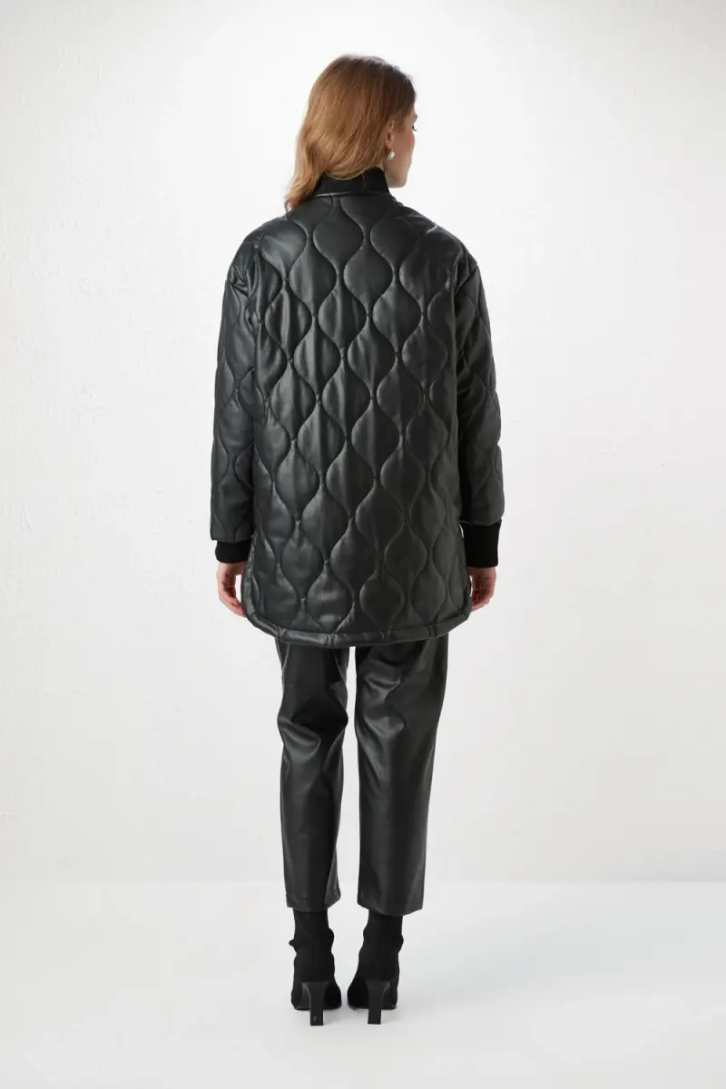 Leather Quilted Coat - Black - 5