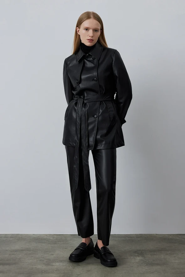 Leather Trench Coat - Black - 3