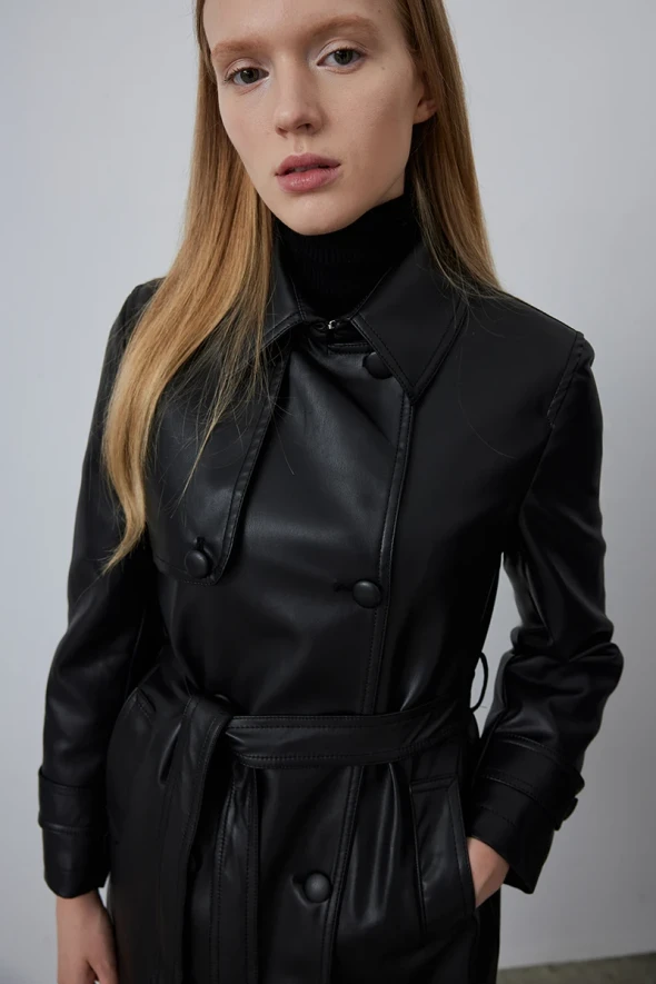 Leather Trench Coat - Black - 4