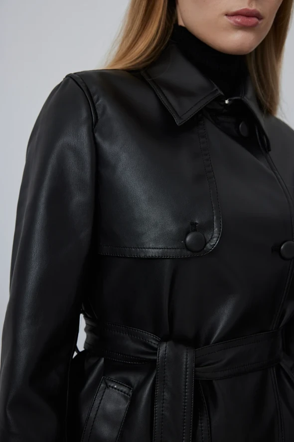 Leather Trench Coat - Black - 5