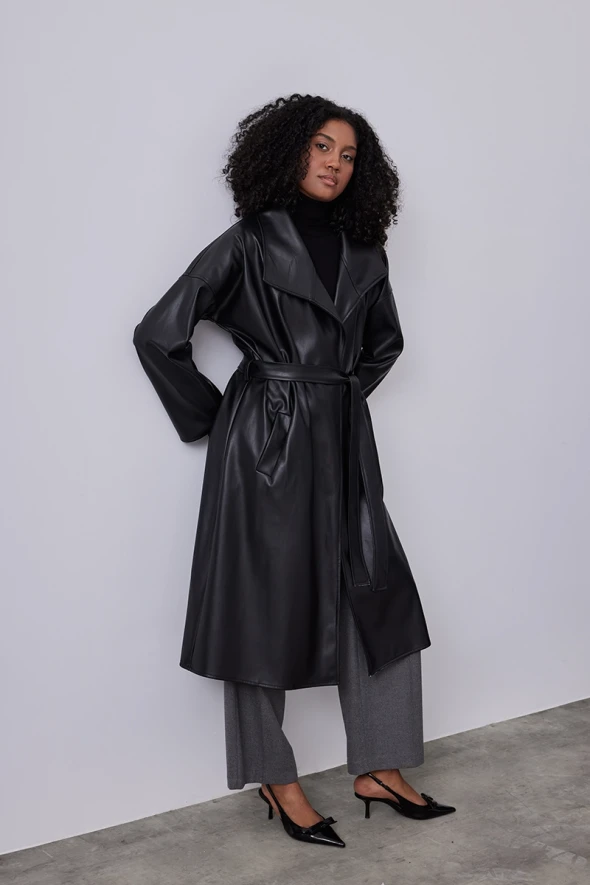 Leather Trench Coat - Black - 2