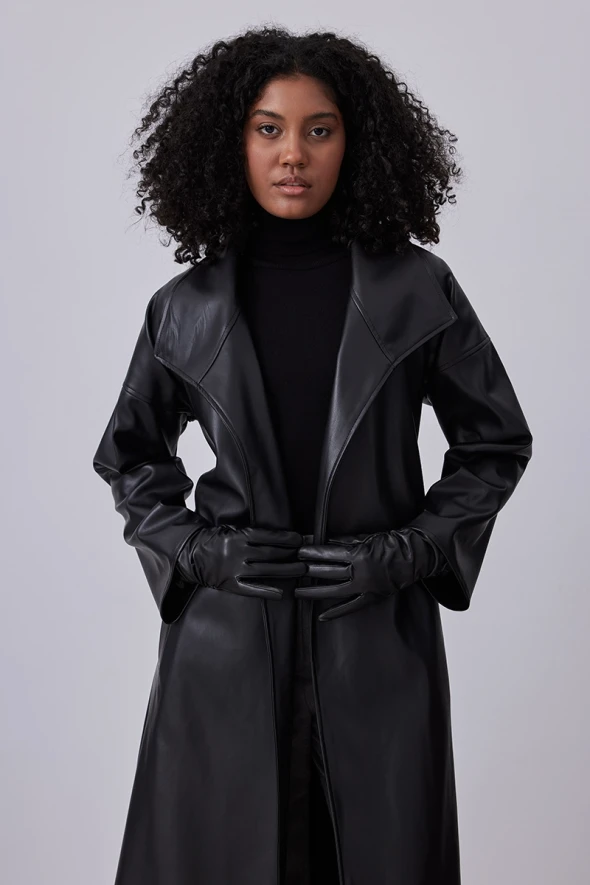 Leather Trench Coat - Black - 3