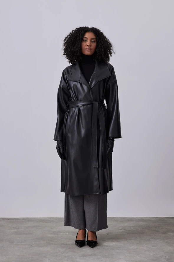 Leather Trench Coat - Black - 1