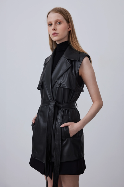 Leather Vest with Waist Belt - Black Black