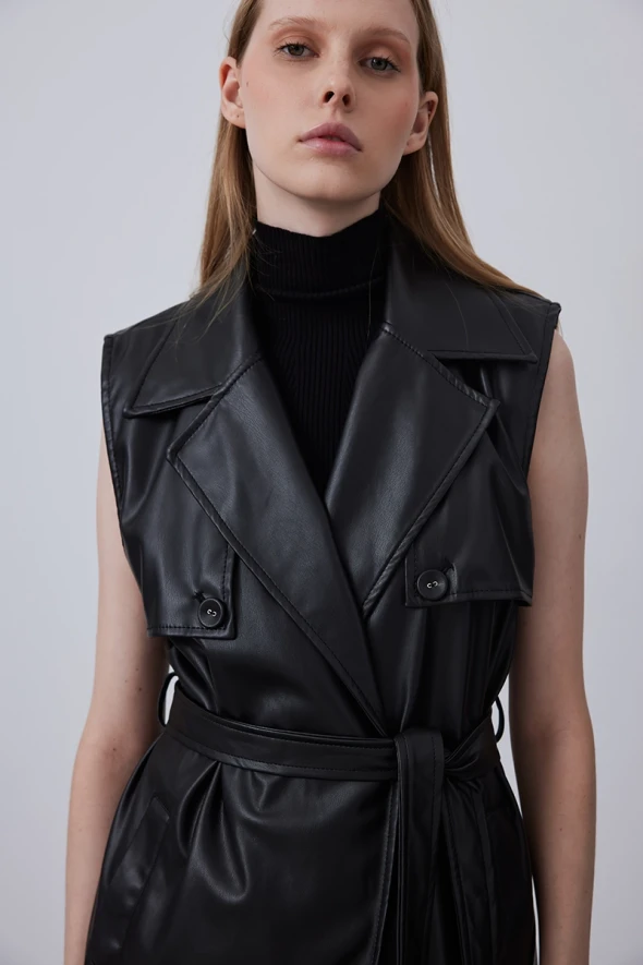 Leather Vest with Waist Belt - Black - 5