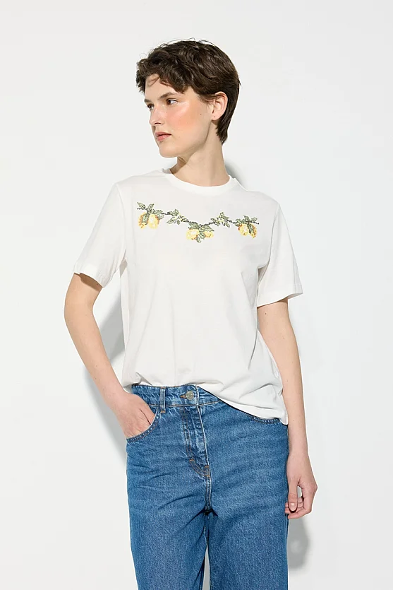 Lemon Embroidered Cotton T-Shirt - White - Gusto