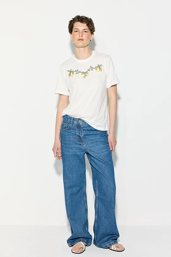 Lemon Embroidered Cotton T-Shirt - White - Gusto