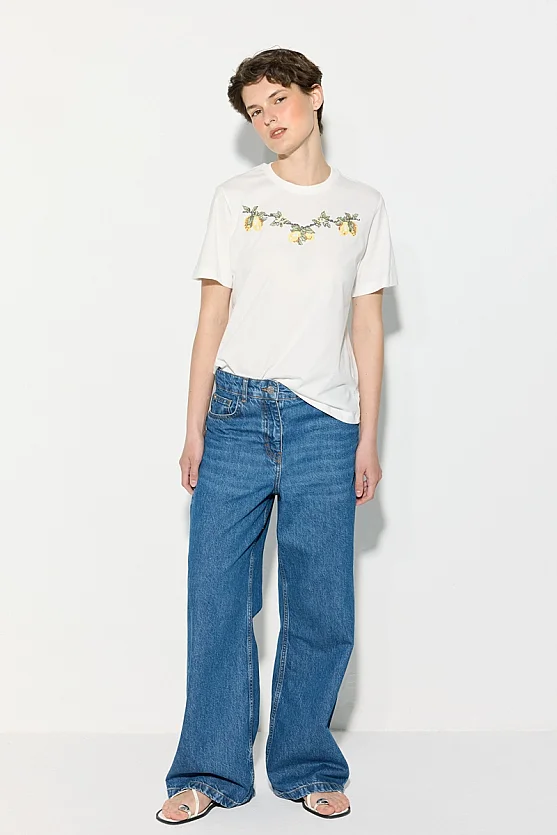 Lemon Embroidered Cotton T-Shirt - White - Gusto