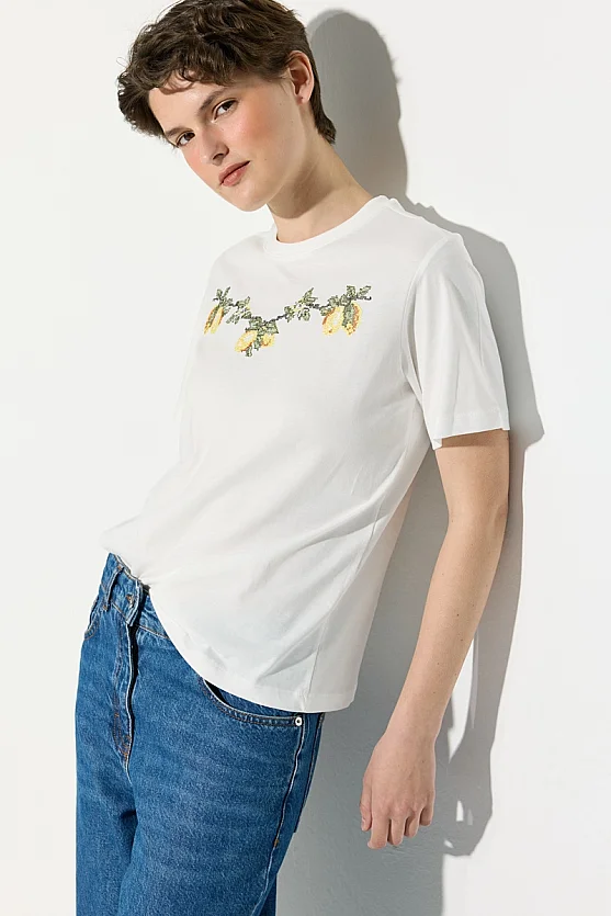 Lemon Embroidered Cotton T-Shirt - White - Gusto