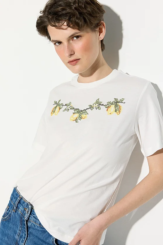 Lemon Embroidered Cotton T-Shirt - White - Gusto