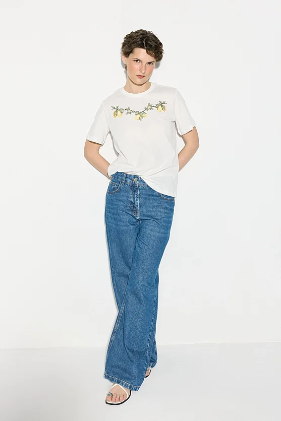 Lemon Embroidered Cotton T-Shirt - White - Gusto