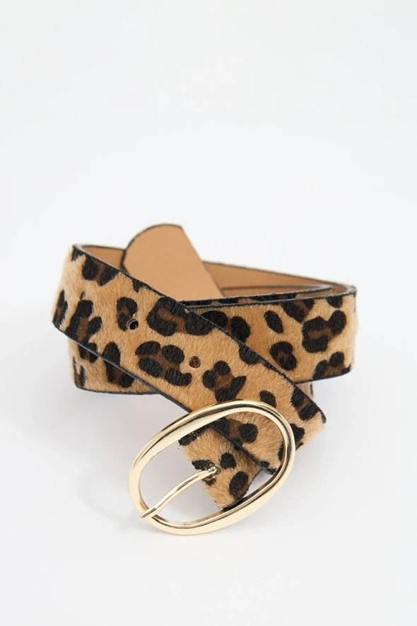 Leopard Belt with Metal Buckle - Brown - 2