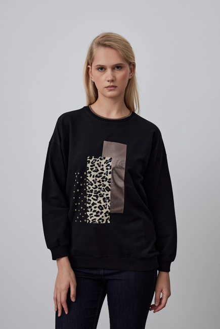 Leopard Detailed Sweatshirt with Stone Printed - Black Black