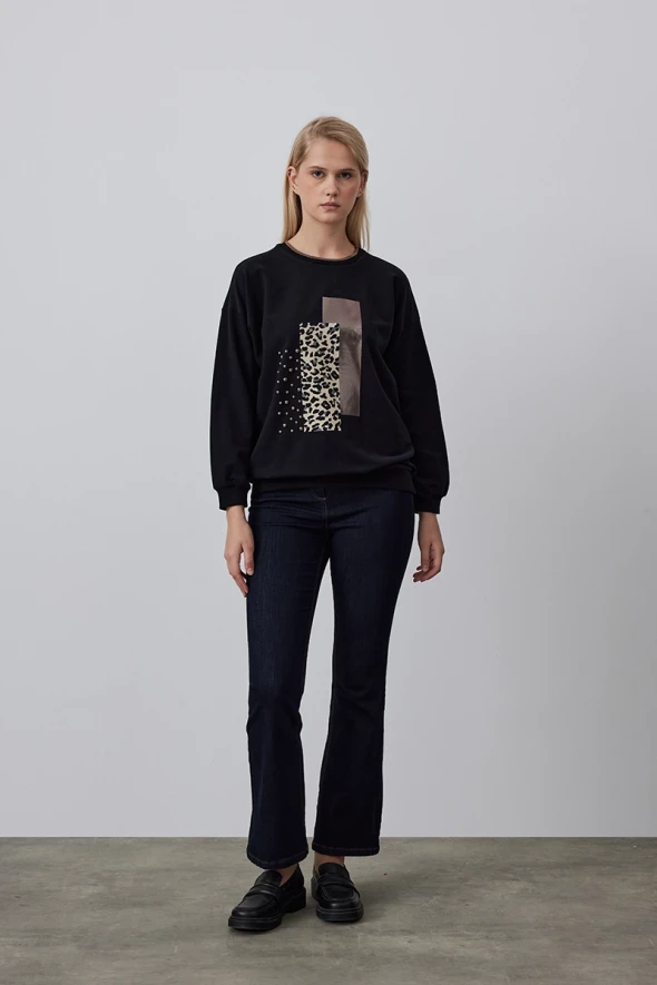 Leopard Detailed Sweatshirt with Stone Printed - Black - 2