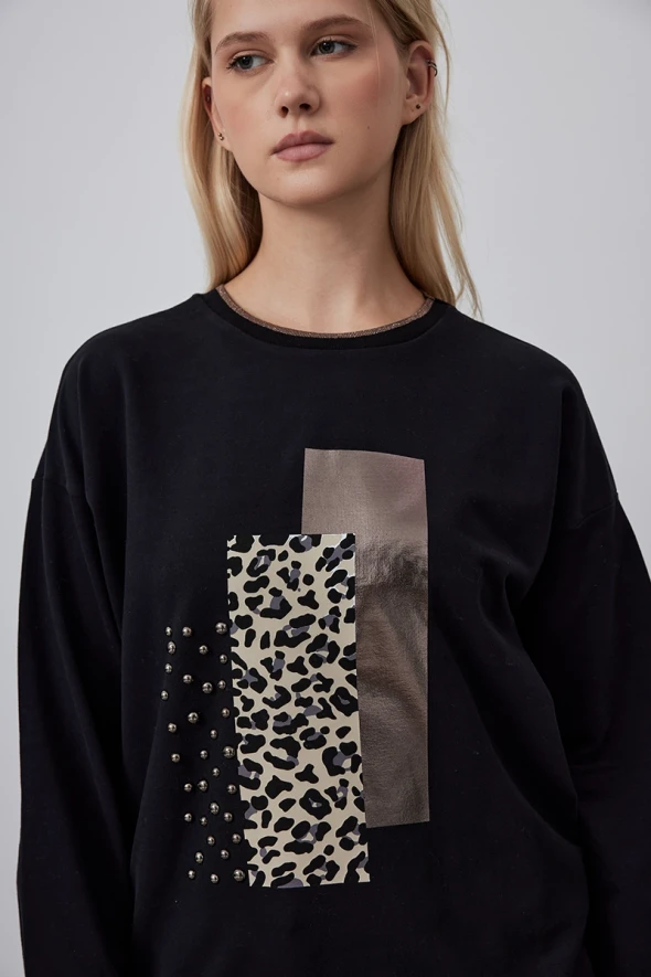 Leopard Detailed Sweatshirt with Stone Printed - Black - 3